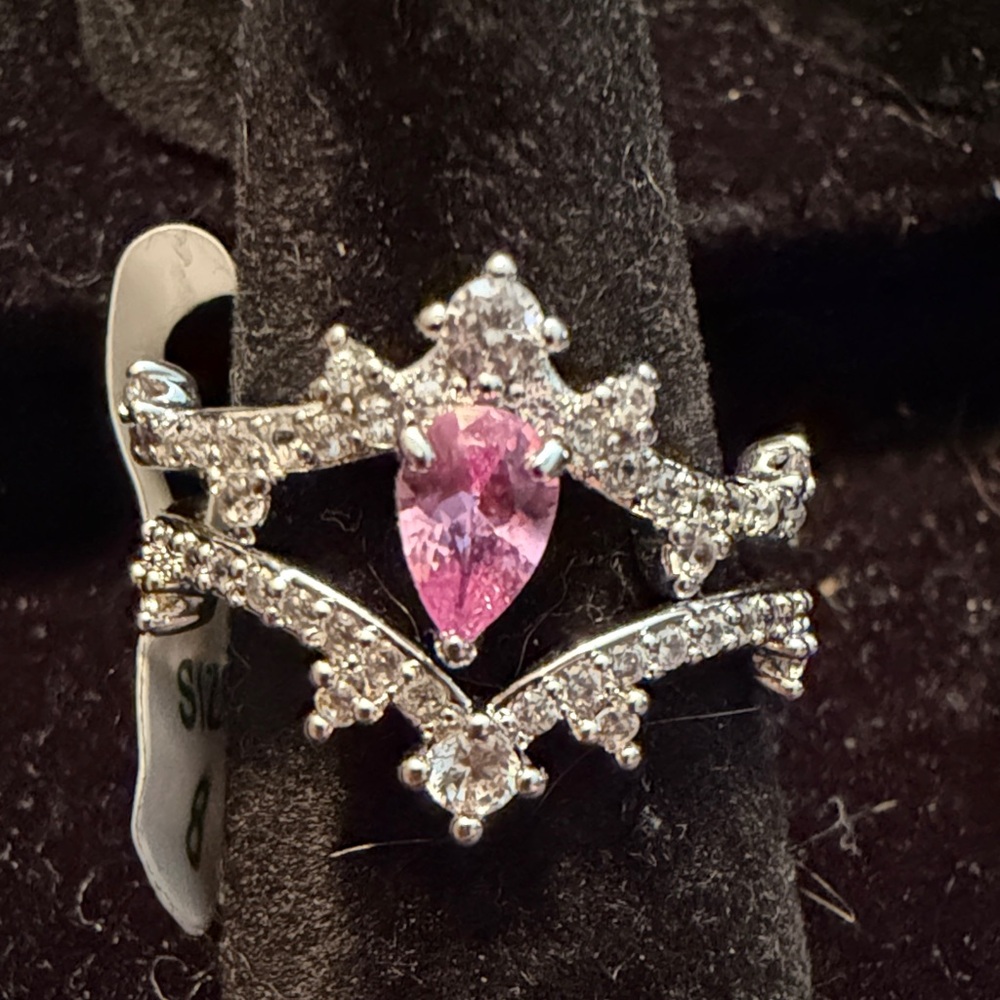 Silver Pink Teardrop Crown Stackable Ring